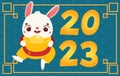 2023 year of the rabbit. Happy Chinese new year banner with cute cartoon rabbit holding golden boat yuanbao ingot