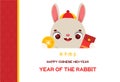 2023 year of the rabbit. Happy Chinese new year banner with cute cartoon rabbit holding red money envelope and golden coin
