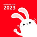The year of the rabbit. Happy Chinese New Year 2023. Bunny in the corner waving paw print hands. Cute kawaii cartoon funny smiling