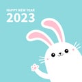 The year of the rabbit. Happy Chinese New Year 2023. Bunny in the corner waving paw print hands. Cute kawaii cartoon funny smiling