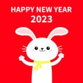 The year of the rabbit. Happy Chinese New Year 2023. Bunny waving paw print hand. Yellow scarf. Cute cartoon kawaii funny baby