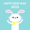 The year of the rabbit. Happy Chinese New Year 2023. Bunny waving paw print hand. Yellow scarf. Cute cartoon kawaii funny baby