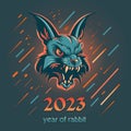 Year of rabbit 2023. New Years logo with raging aggressive rabbit. Vector illustration