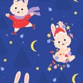 2023 is Year of the Rabbit to Chinese zodiac. Seamless pattern with symbols of year, cute bunny with garland in Santa hat and hare