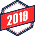 Year 2019 red, white and blue logo.