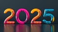The year 2025 represented with glossy, multicolored numbers in 3D on a dark reflective background. Ai generation
