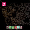 Year of the rooster. Cute cartoon english alphabet with colorful image and word. Kids vector ABC. Letter D