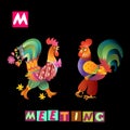 Year of the rooster. Cute cartoon english alphabet with colorful image and word. Kids vector ABC. Letter M