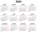 2024 year spanish calendar. Printable png illustration for Spain. Horizontal