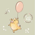 2019 Year Symbol Pig Fly on Balloon. Funny New year Sign for Banner . Christmas Golden Character Poster Flat Cartoon