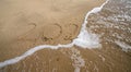Year 2020 in tet written in sand on beach is covered by ocean wave and disappears