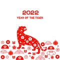 2022 year of the tiger. Chinese new year banner with decorated tiger zodiac and red border with traditional asian symbols Royalty Free Stock Photo
