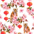 2022 Year of tiger seamless pattern. Cute wild animal pet, spring flowers, cherry blossom, red chinese lantern. Chinese Royalty Free Stock Photo