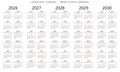 2026, 2027, 2028, 2029, 2030 year turkish simple calendars. Vector illustration Turkey - turk takvimi Royalty Free Stock Photo