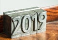 New year 2019 with types of press on a wooden stand Royalty Free Stock Photo