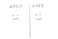 Year 2020 and under it a sad smile and year 2021 and under it a cheerful smile on a piece of paper