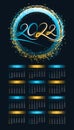 2022 year vertical calendar with neon circle frame with golden and blue glow on black background