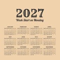 2027 year vintage calendar. Weeks start on monday