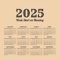 2025 year vintage calendar. Weeks start on monday