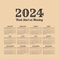 2024 year vintage calendar. Weeks start on monday