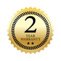 2 year warranty word, two star and circle laurel on circle jagged edge badge vector. Minimalist style, black and gradient gold col