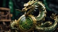 2024 is year of the Wood Dragon. 2024 Chinese New Year. Symbol of 2024 new year green and golden Dragon with clock