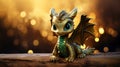 2024 is year of the Wood Dragon. 2024 Chinese New Year. Cute little symbol 2024 green and golden glitter Dragon on golden bokeh