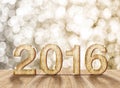 2016 year wood number in perspective room with sparkling bokeh w