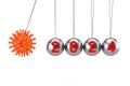 2024 Year World Crisis Concept. Coronavirus COVID-19 Cell Attack Newtons Cradle Balancing Ball with 2024 Year Sign. 3d Rendering Royalty Free Stock Photo