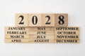 Year 2028 written on wooden cubes on top of the months of the year written on twelve rectangular pieces of wood