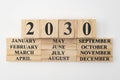 Year 2030 written on wooden cubes on top of the months of the year written on twelve rectangular pieces of wood. Isolated on white