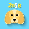 2018 year. The year of the yellow earth dog. Beautiful figures on a blue background. White bone. The falling shadow. Vector illust