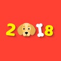 The year 2018 is a yellow earth dog. A lovely cartoon dog looks. Cartoon figures. Cover for the calendar. Vector illustration in a Royalty Free Stock Photo