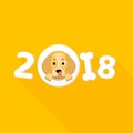 The year 2018 is a yellow earth dog. A lovely cartoon dog looks. Cartoon figures with a shadow. Orange background. Cover for the c Royalty Free Stock Photo