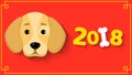 The year 2018 is a yellow earth dog. A lovely cartoon dog looks. Cartoon figures with a shadow. Red background with yellow pattern Royalty Free Stock Photo