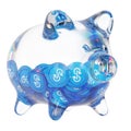 yearn.finance (YFI) Clear Glass piggy bank with decreasing piles of crypto coins.