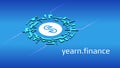 Yearn.finance YFI isometric token symbol of the DeFi project in digital circle on blue background.