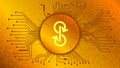 Yearn.finance YFI token symbol of the DeFi project in circle with PCB tracks on gold background.