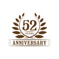 52 years anniversary celebration logo. 52nd anniversary luxury design template. Vector and illustration. Royalty Free Stock Photo