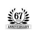 67 years anniversary celebration logo. 67th anniversary luxury design template. Vector and illustration. Royalty Free Stock Photo