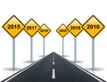 Years ahead road signs and road stretches into the distance. Royalty Free Stock Photo