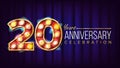 20 Years Anniversary Banner Vector. Twenty, Twentieth Celebration. Lamp Background Digits. For Flyer, Card, Wedding