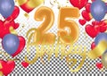 25 years anniversary and birthday with template design on background colorful balloon and colorful tiny confetti pieces for Royalty Free Stock Photo