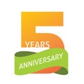 5 years anniversary celebrating vector logo icon in yellow orange green color, number 5th year birthday label tag sign