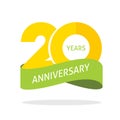 20 years anniversary celebrating vector logo icon in yellow orange green color, number 20th year birthday label tag sign