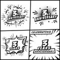 3 years anniversary logo collection. 3rd years anniversary celebration comic logotype. Pop art style vector and illustration. Royalty Free Stock Photo