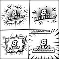 8 years anniversary logo collection. 8th years anniversary celebration comic logotype. Pop art style vector and illustration.