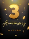 3 Years Anniversary Celebration event. Golden Vector birthday or wedding party congratulation anniversary third Royalty Free Stock Photo