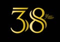 38 years anniversary celebration logotype gold color vector, 38th birthday logo,38 number, anniversary year banner, anniversary