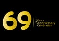 69 years anniversary celebration logotype gold color vector, 69th birthday logo, 69 number, anniversary year banner, anniversary